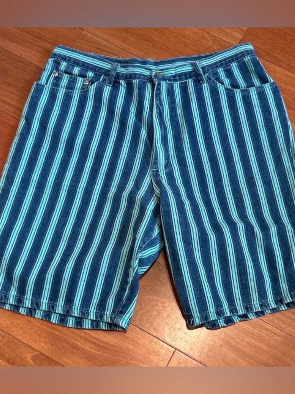 Vintage Gitano Teal & Blue Striped Cotton Shorts Size 34W High Rise 90s
